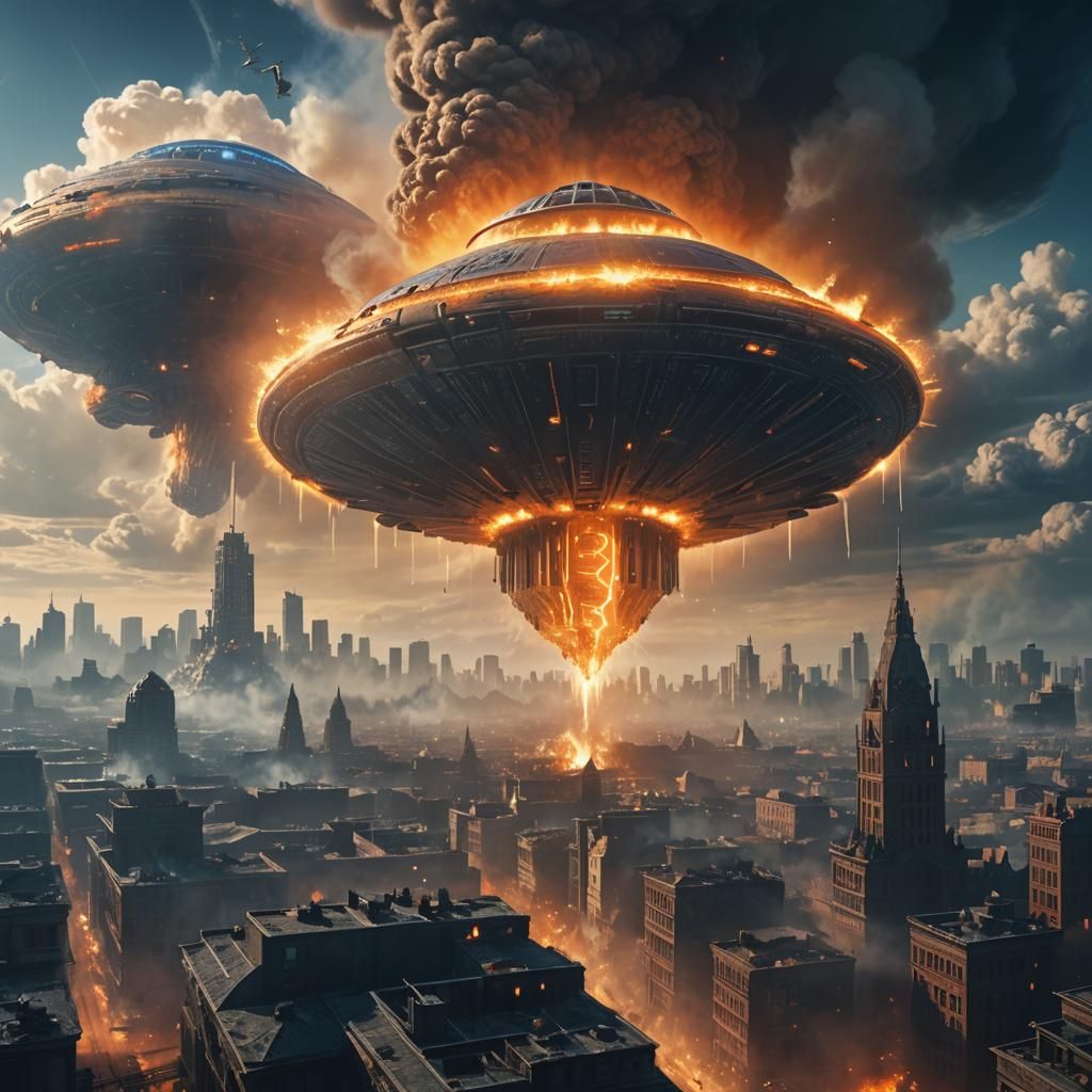 Giant UFO Over Burning City: Sci-Fi Concept Art