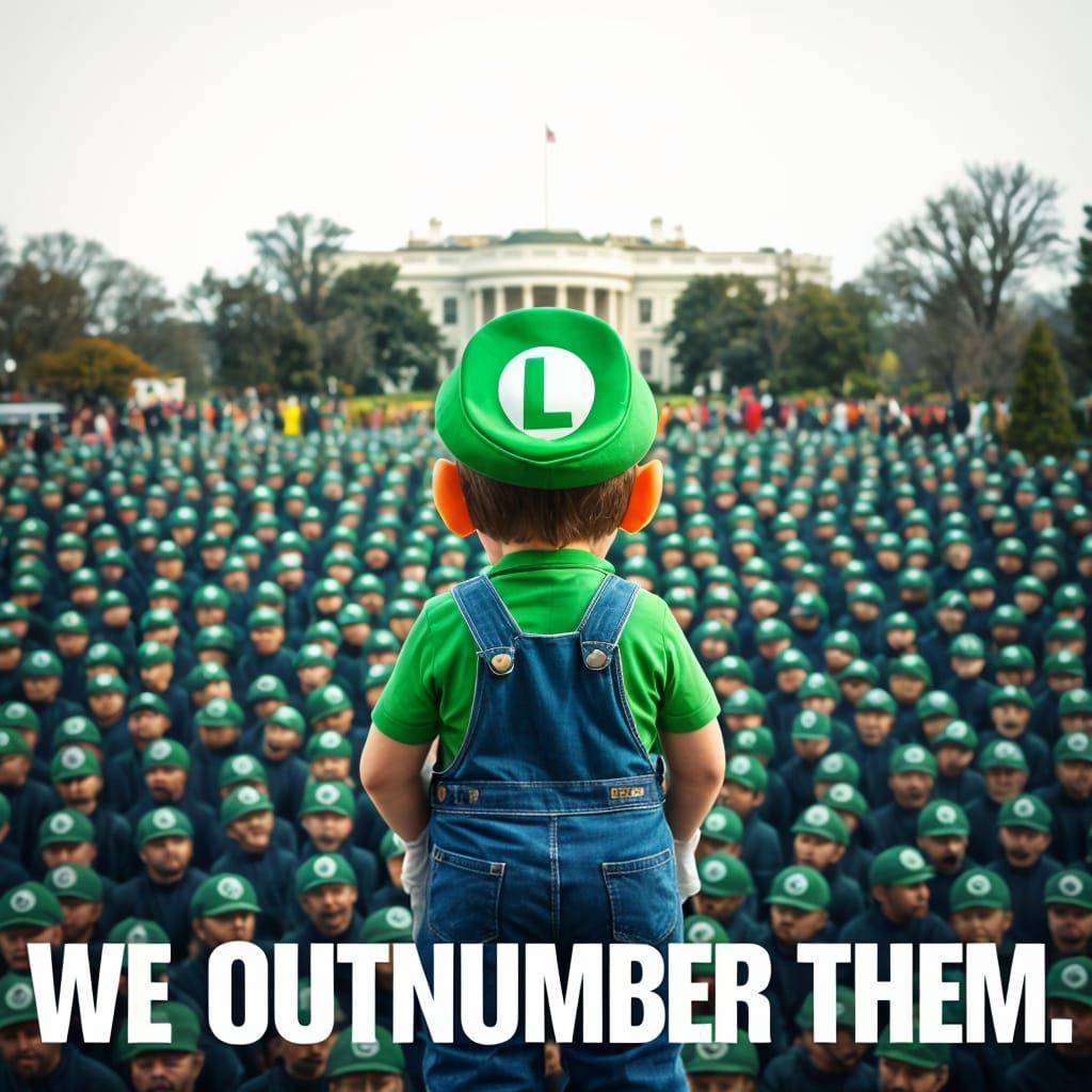 Luigi Stands Alone Against a Crowd of Doppelgangers in Front...