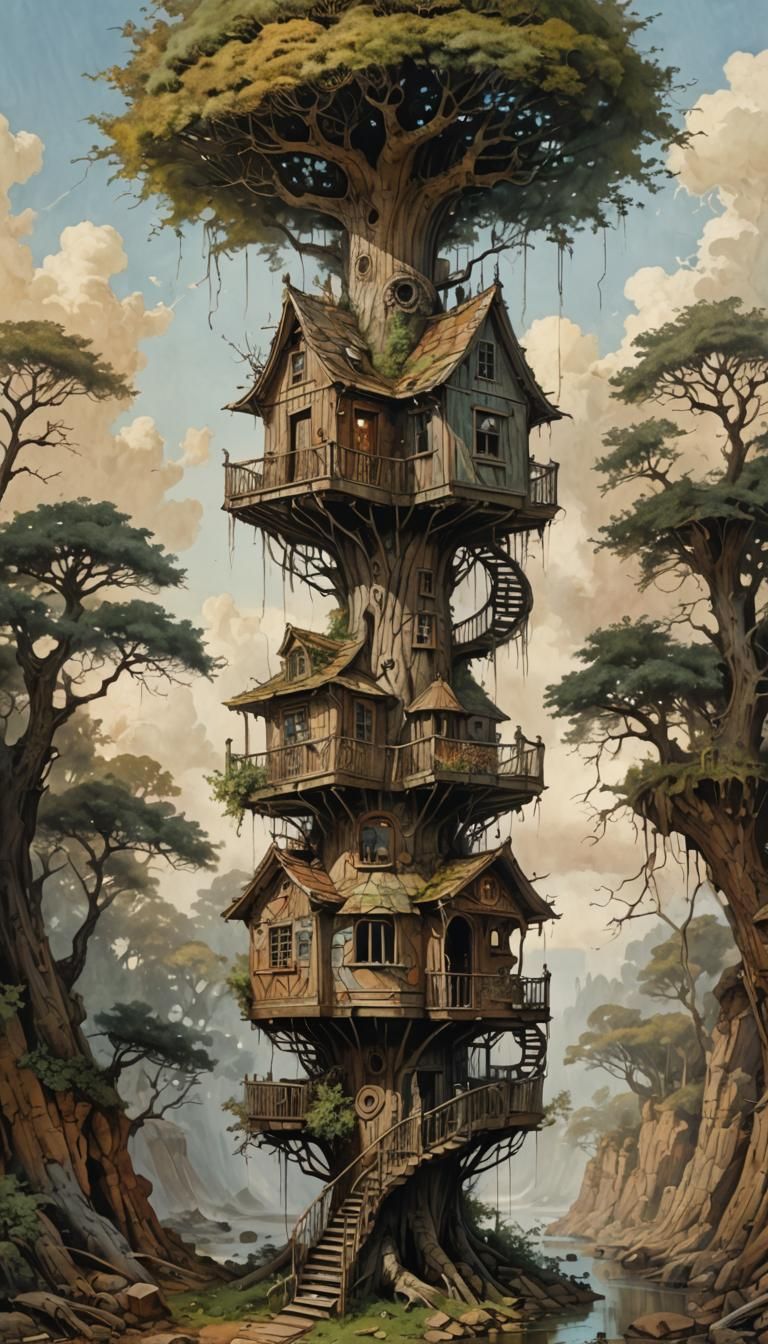 Intricate Spiral Treehouse in Golden Age Illustration Style