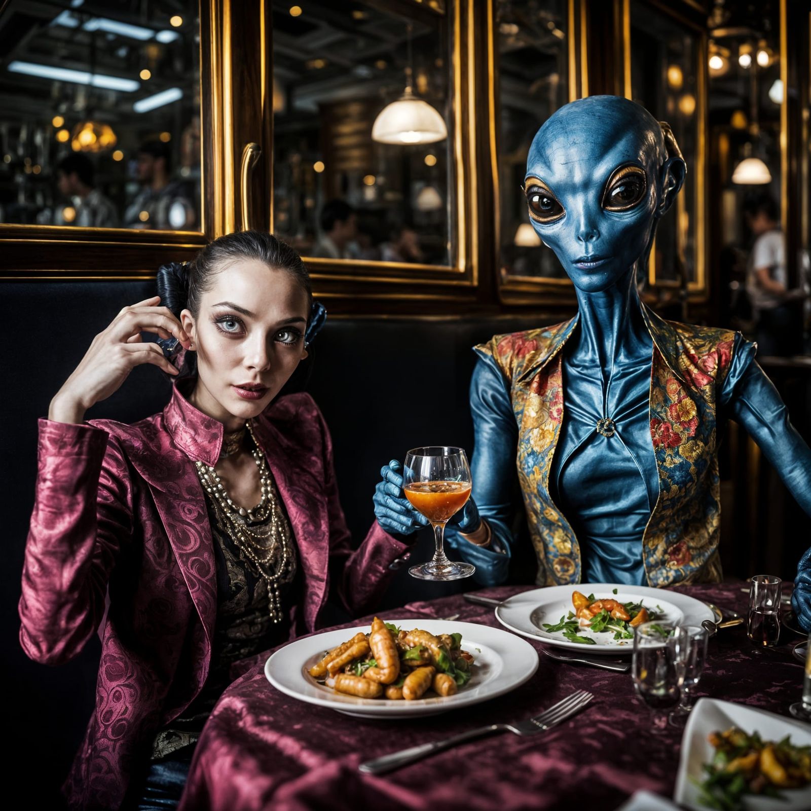 Exotic Aliens Celebrate in Surreal Restaurant Photo