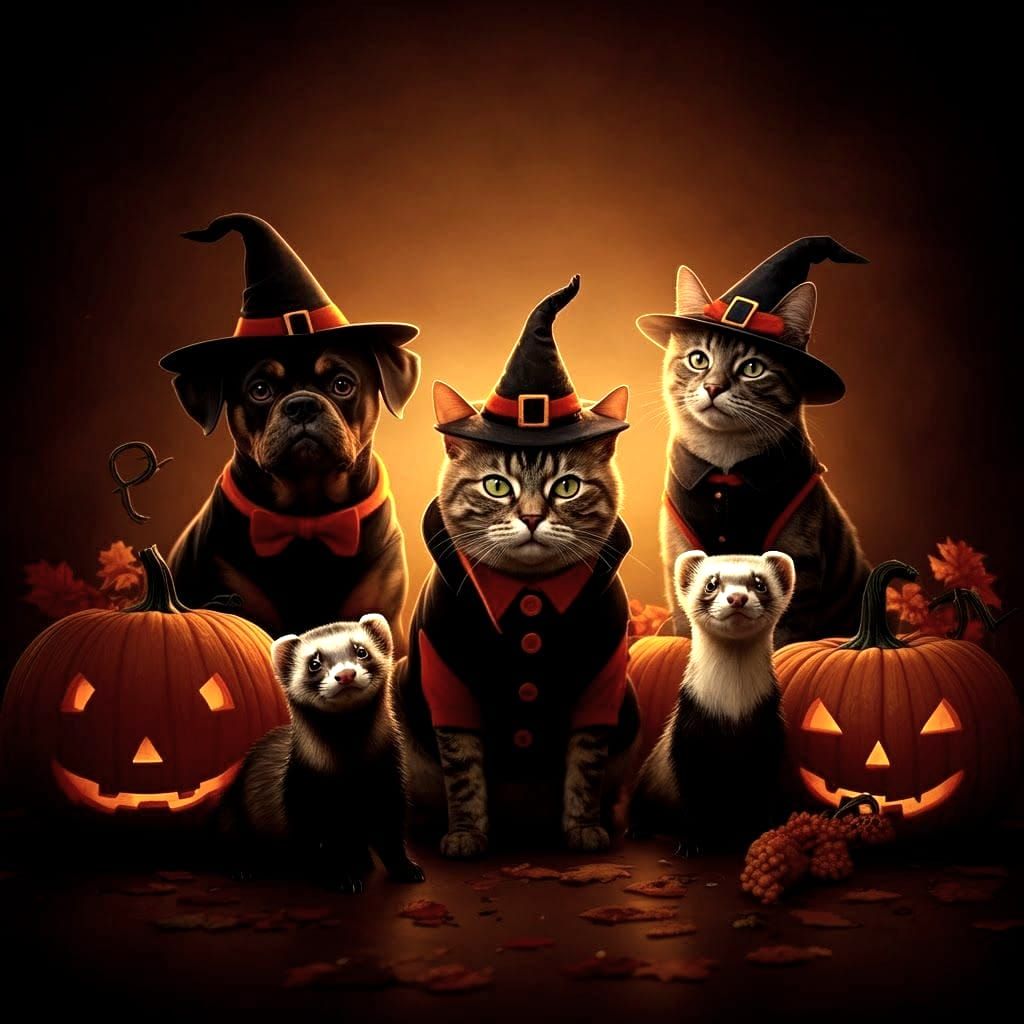 Adorable Pets in Halloween Costumes Among Pumpkins