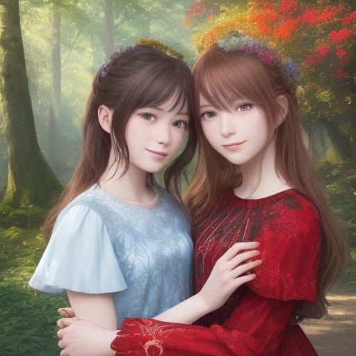 Vibrant Sisters in Lush Forest