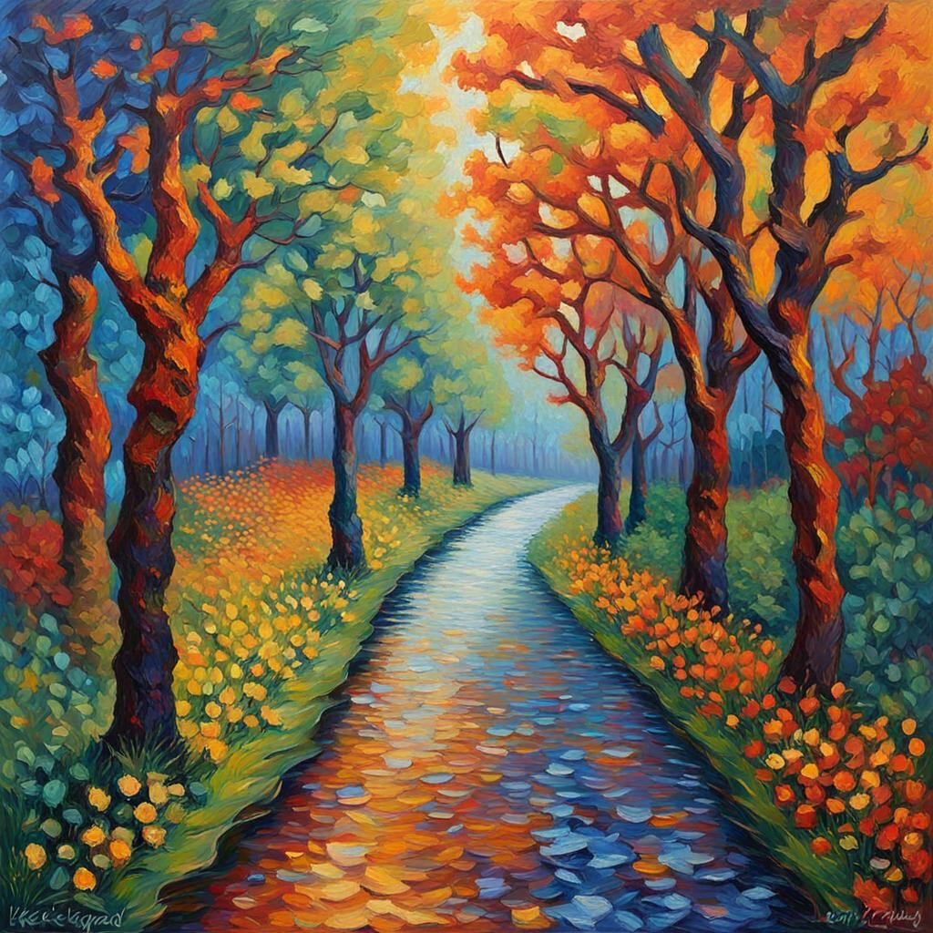 Colorful Neo-Impressionist Painting with Textured Layers