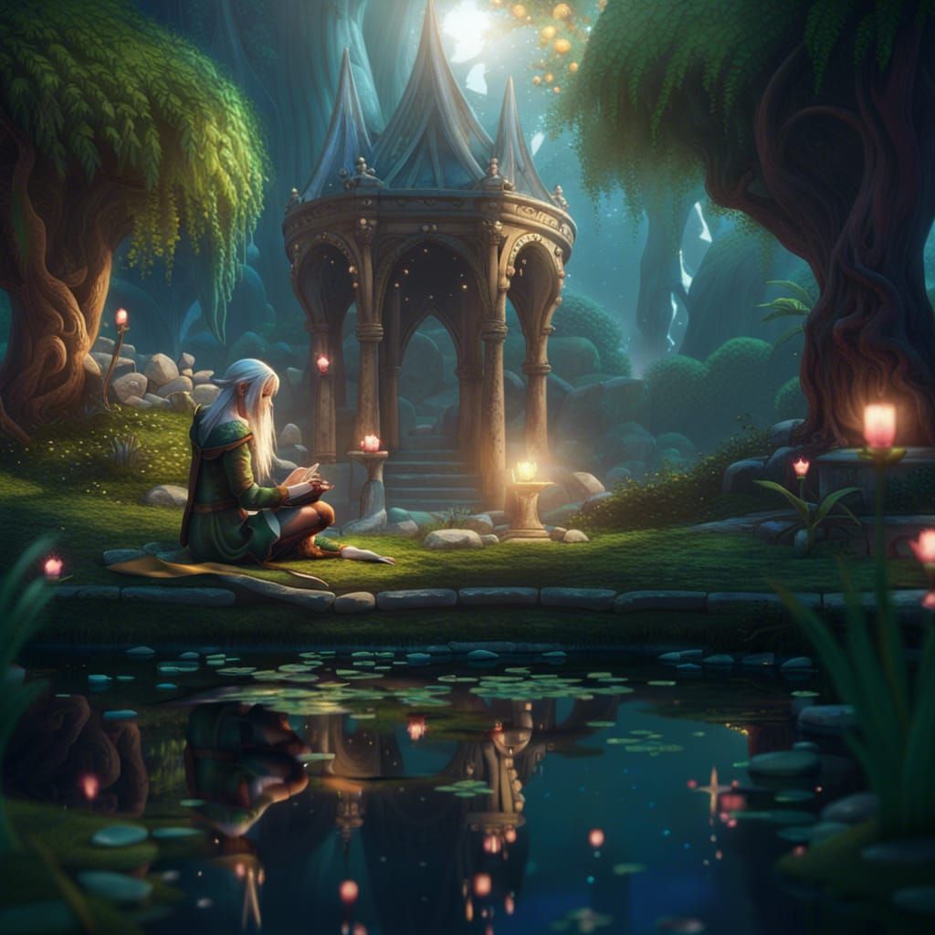 Elf Kneeling by Magical Pond: Fantasy Art