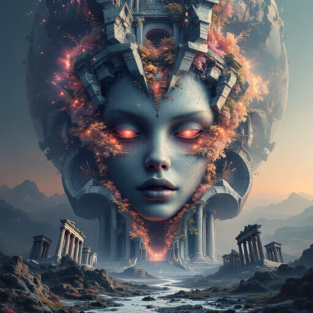 Surreal Colossal Abstract Face of Ancient Greek Architecture...