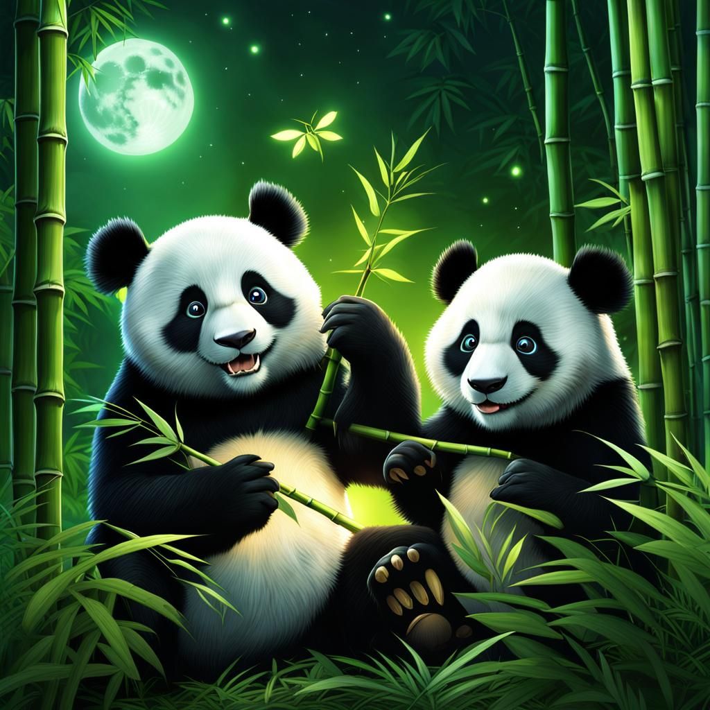 Pandas eat bamboo under the moonlight