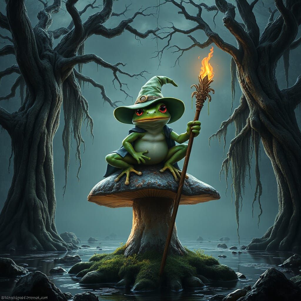 Ethereal Wizard Frog in a Twilight Swamp