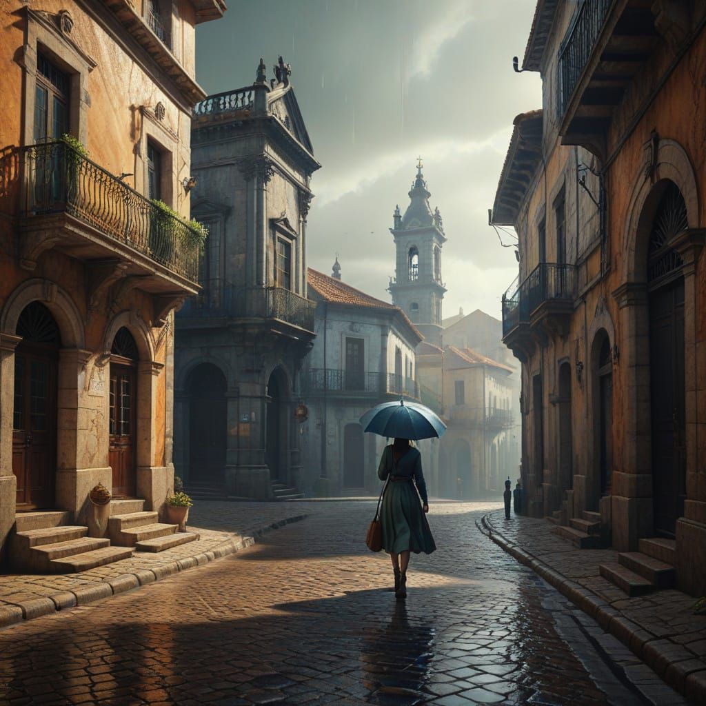 Fantasy Concept Art of Woman with Umbrella in Portugal