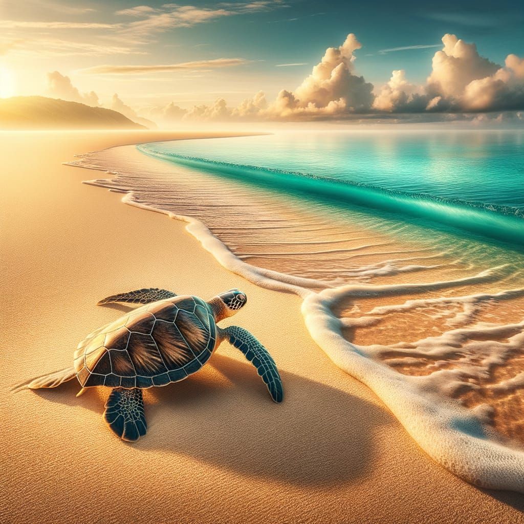 Sea Turtle's Dawn Journey to the Turquoise Sea