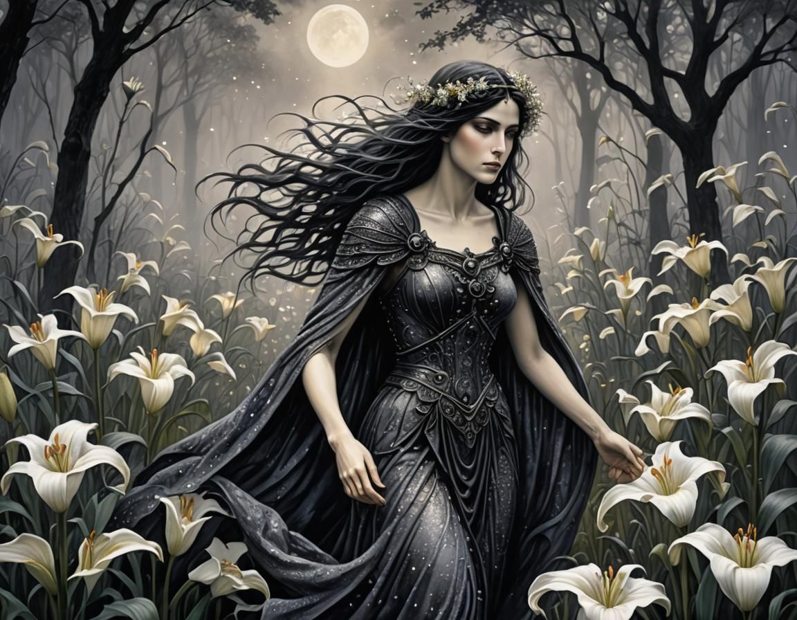 Morrigan walking through a field of lilies