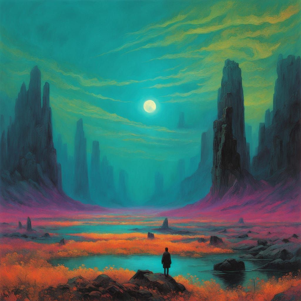 Ethereal Skeleton Silhouette in Neon-Lit Crystalline Landsca...