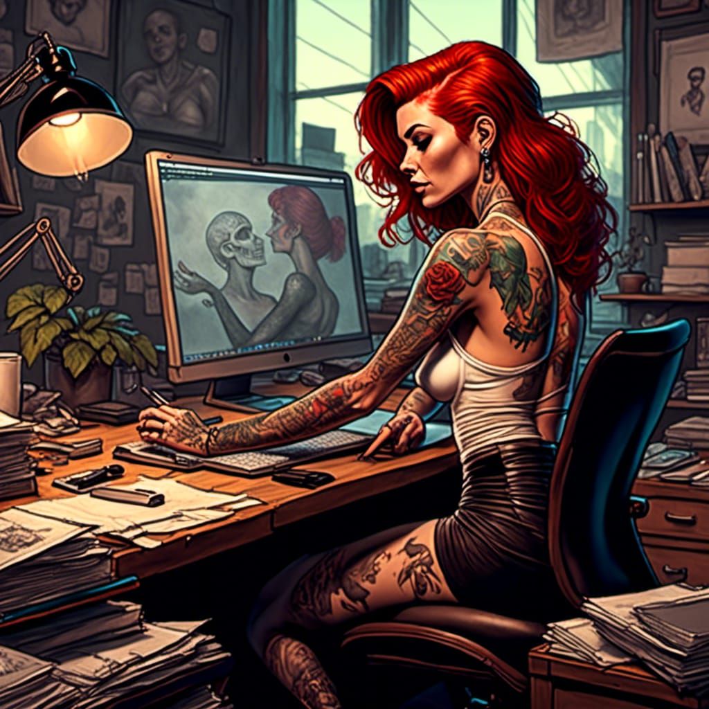 Tattooed Pinup Working in Office, Process Art