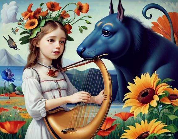 Dreamlike Utopia with Anthropomorphic Flowers as Oil Paintin...