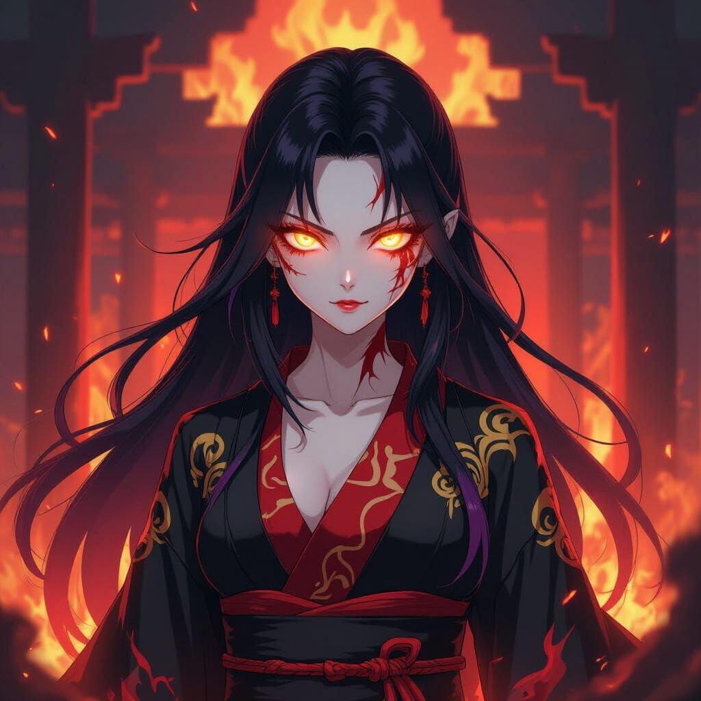 Anime Demon in Fiery Temple: Studio Trigger Style