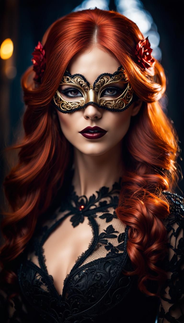 Gothic Woman with Red Hair and Masquerade Mask