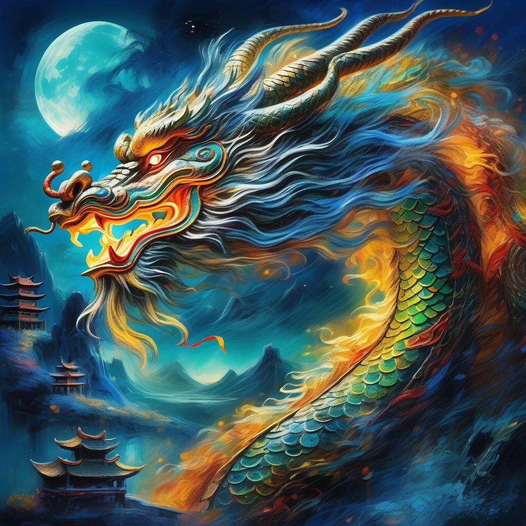 Chinese Dragon Dance in Moonlight, Surreal Art