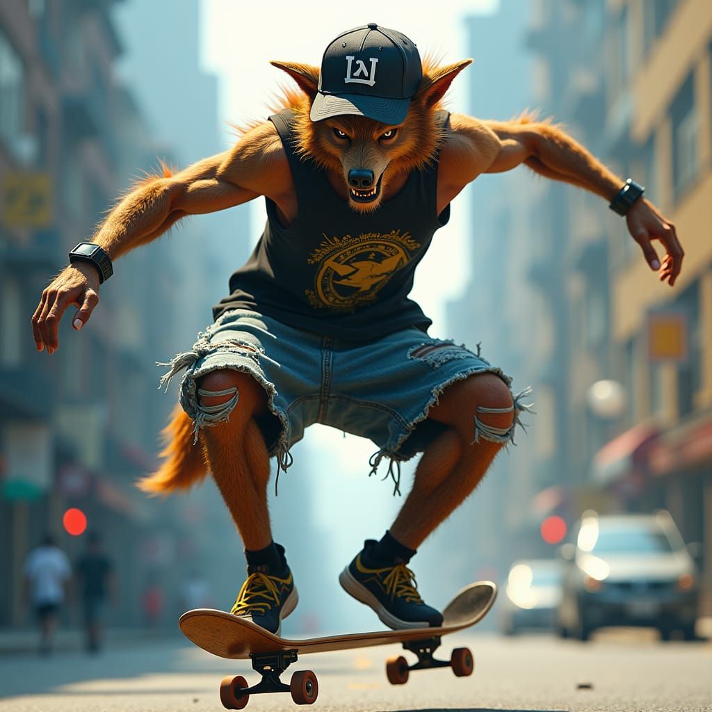 Teenage Werewolf Skateboarding in Urban Cityscape, Concept A...