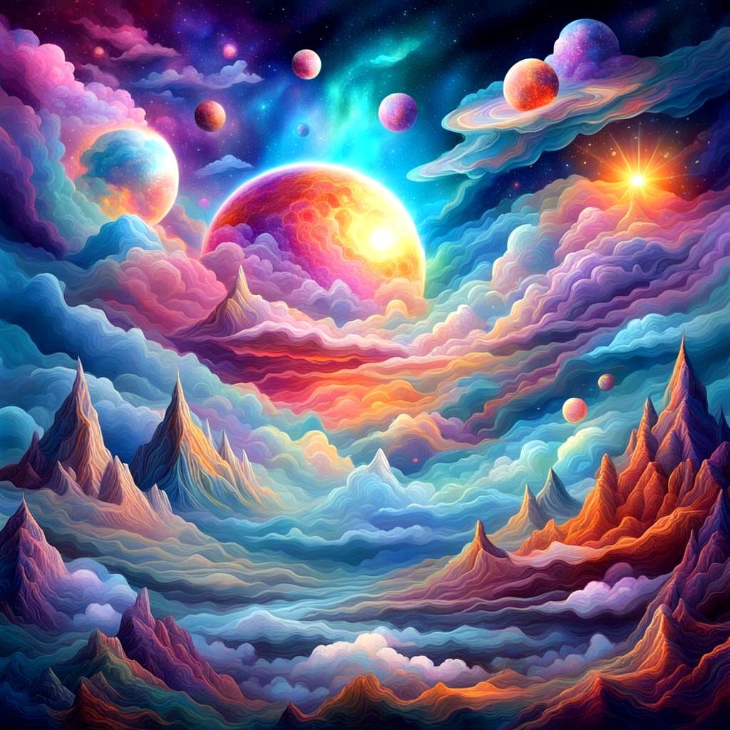 Surreal Cosmic Clouds: Mixed Media Illustration