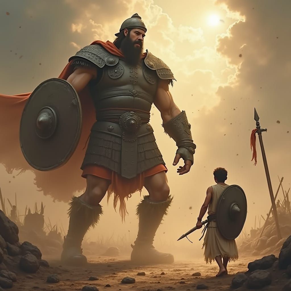 David's Triumph: Goliath Falls in Beam of Light