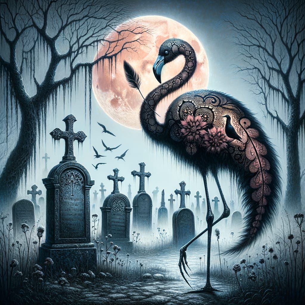 Gothic Flamingo in Moonlit Cemetery: Surreal Oil Painting