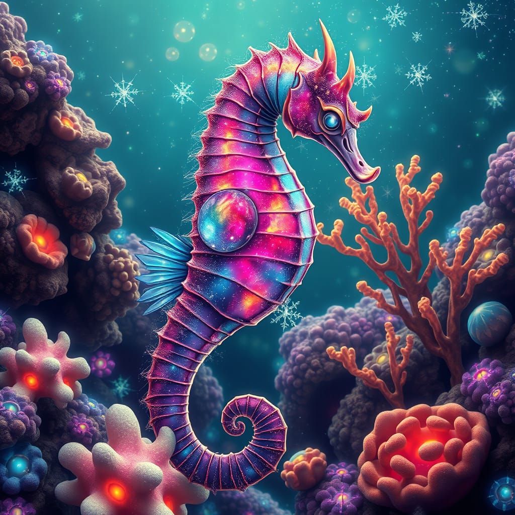 Ethereal Seahorse in Cosmic Coral Reef