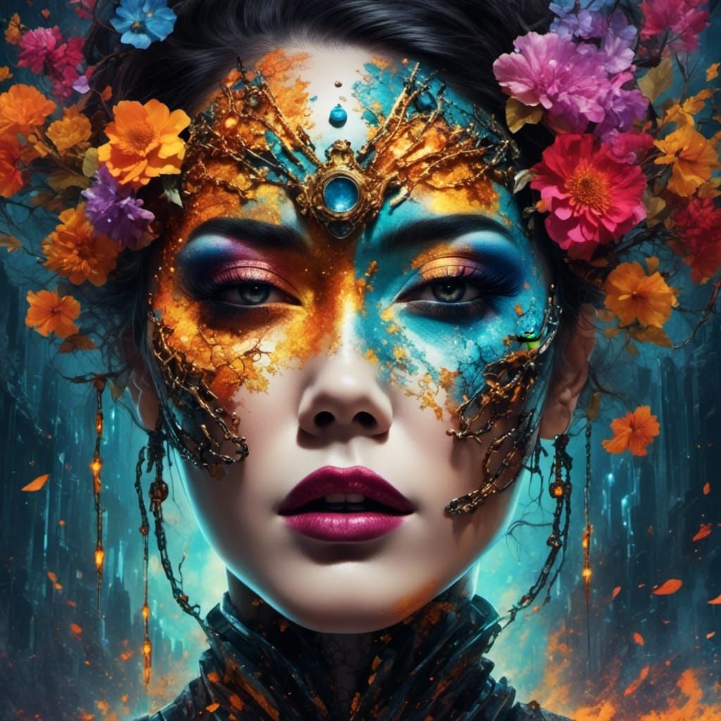 Asian Android Under a Dramatic Night Sky