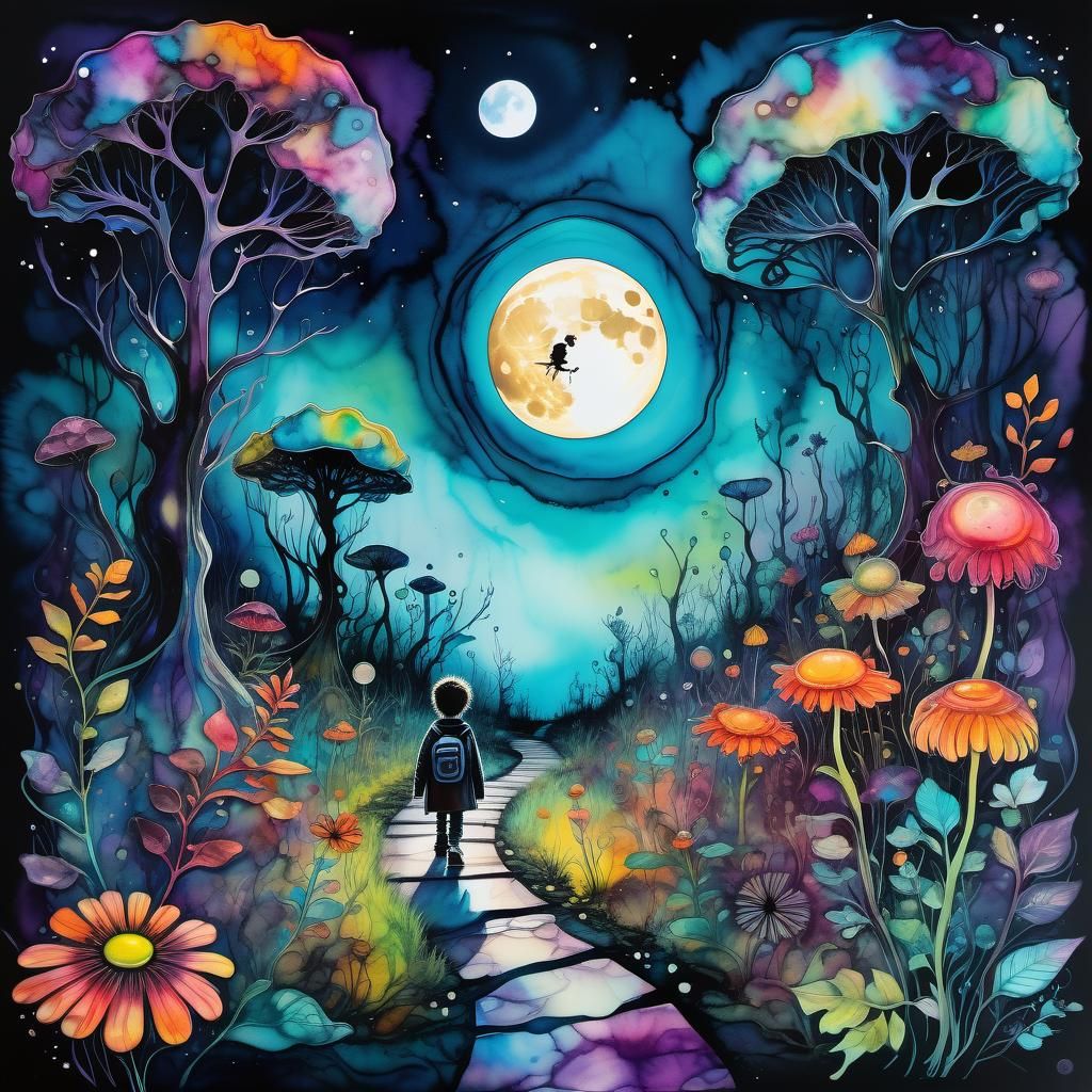 Ethereal Child in Burtonesque Alcohol Ink Landscape