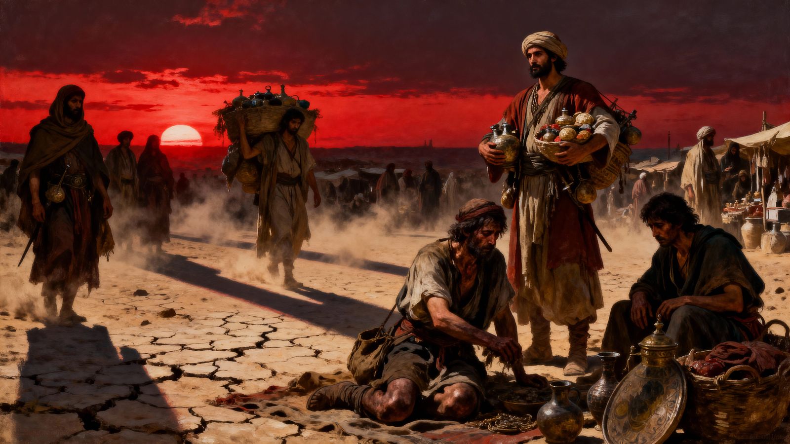 Desert Tribes Barter Under Red Sunset