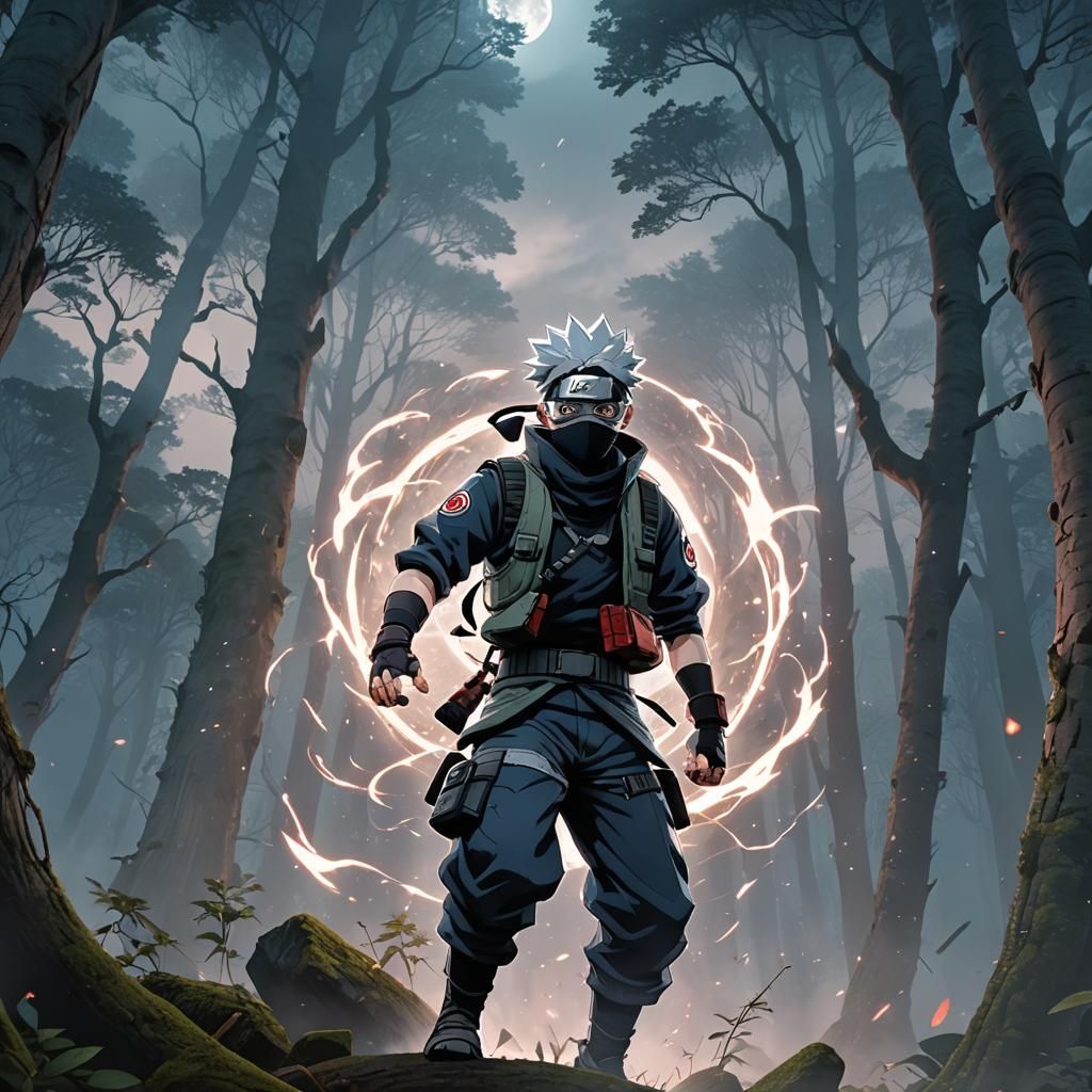 Kakashi Hatake Gleaming Sharingan in Misty Anime Forest
