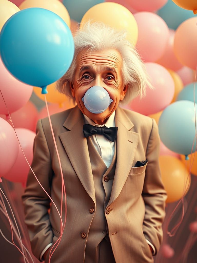 Einstein Surrounded by Whimsical Balloons in Pastel Hues