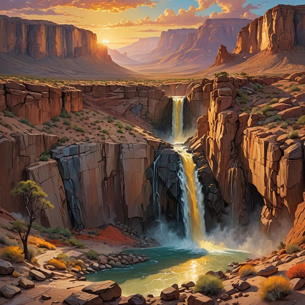 Dramatic Desert Waterfall Landscape at Sunset