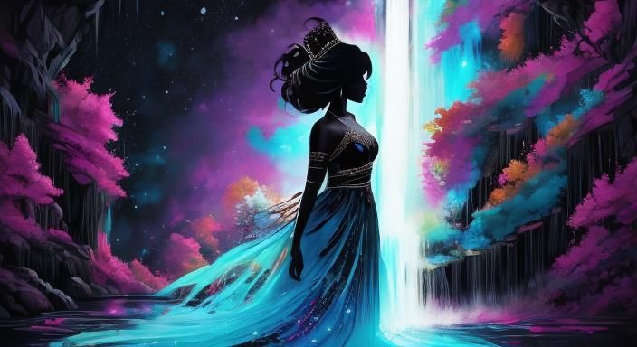 Queen Silhouette with Waterfall Paint Splash Background