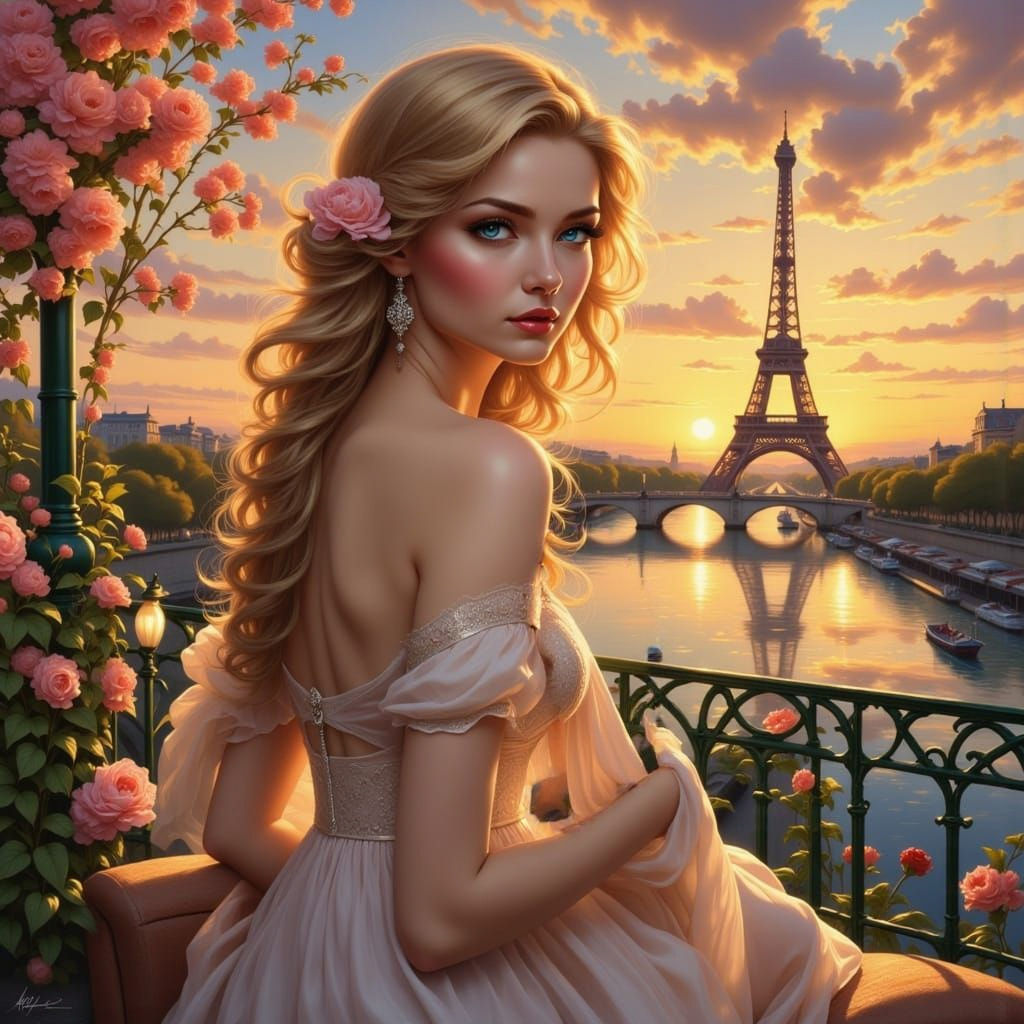 Beautiful Woman in Paris: Ethereal Oil Painting