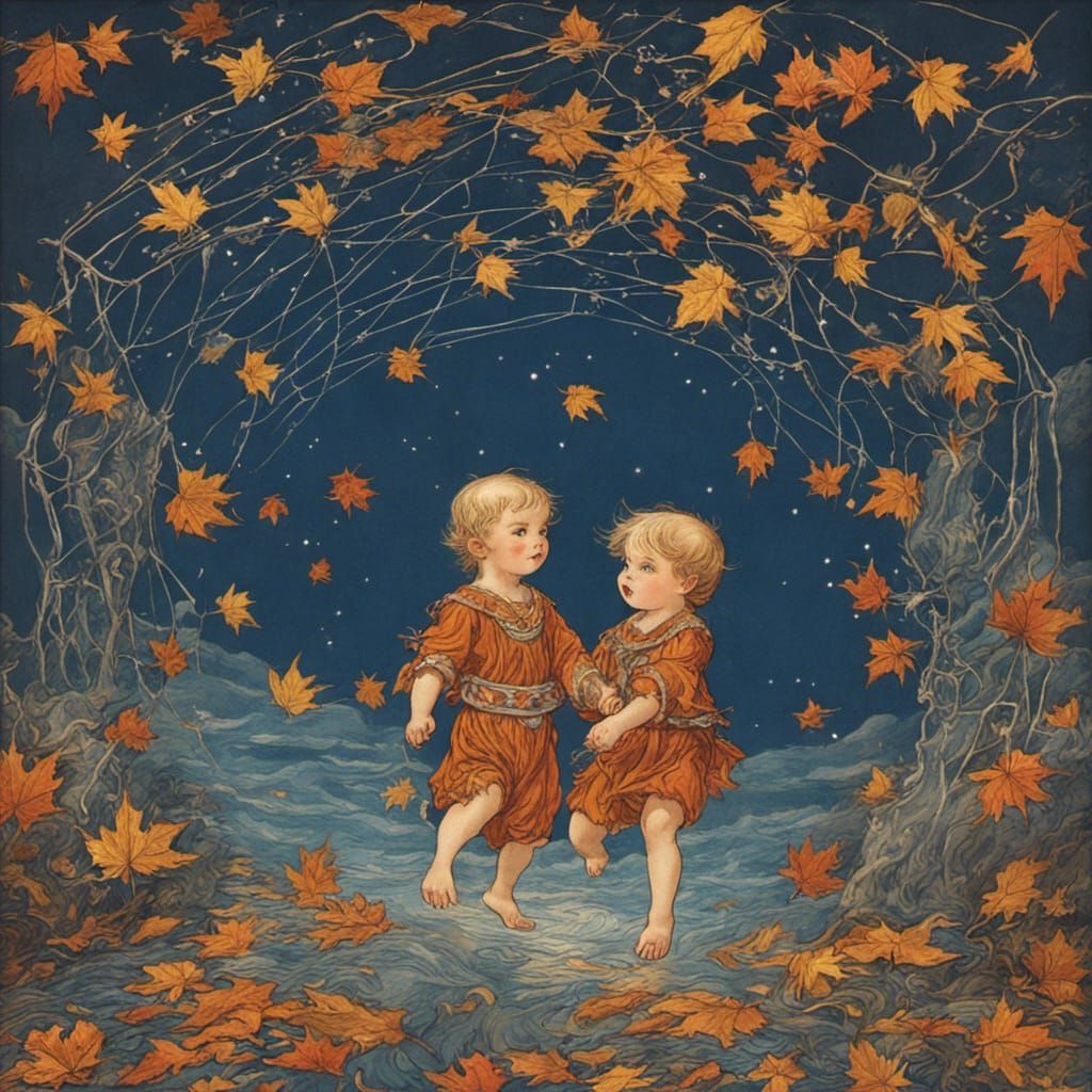 Autumn Elves Under Starry Sky, Walter Crane Style