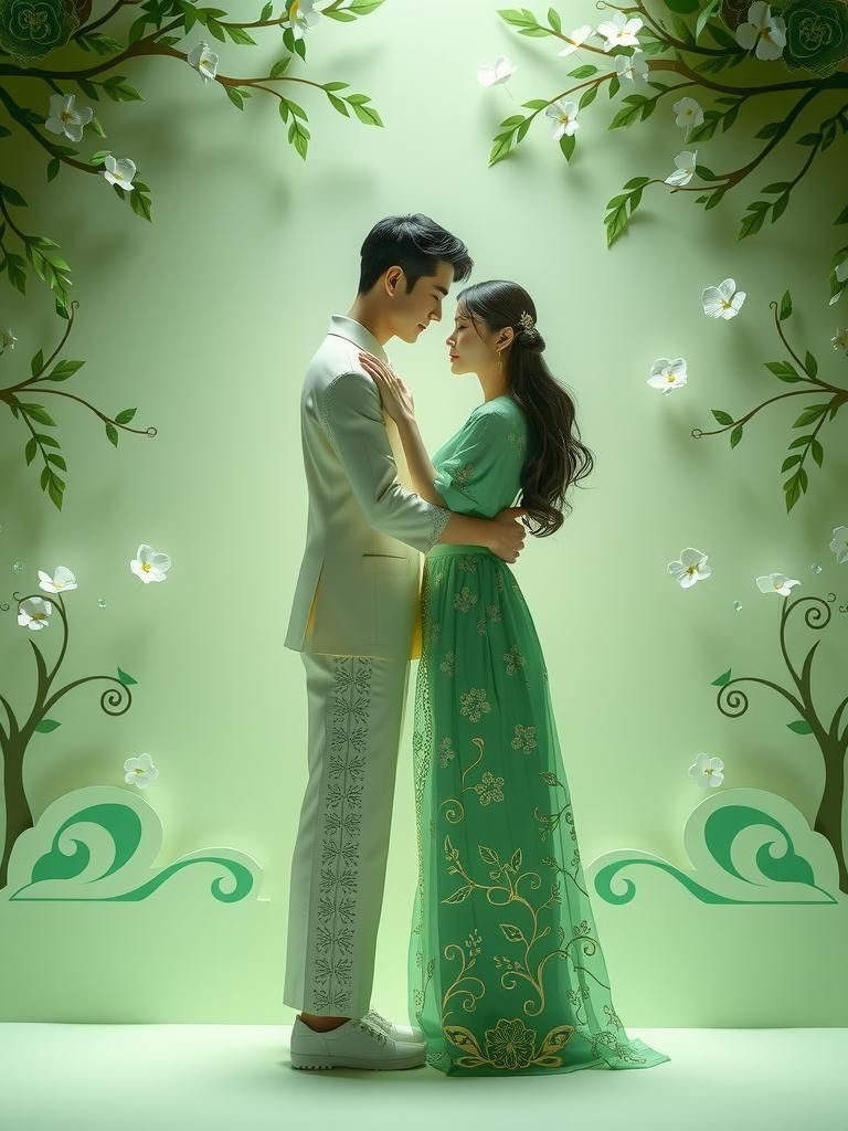 Embracing Couple in Kirigami Paper Art Setting