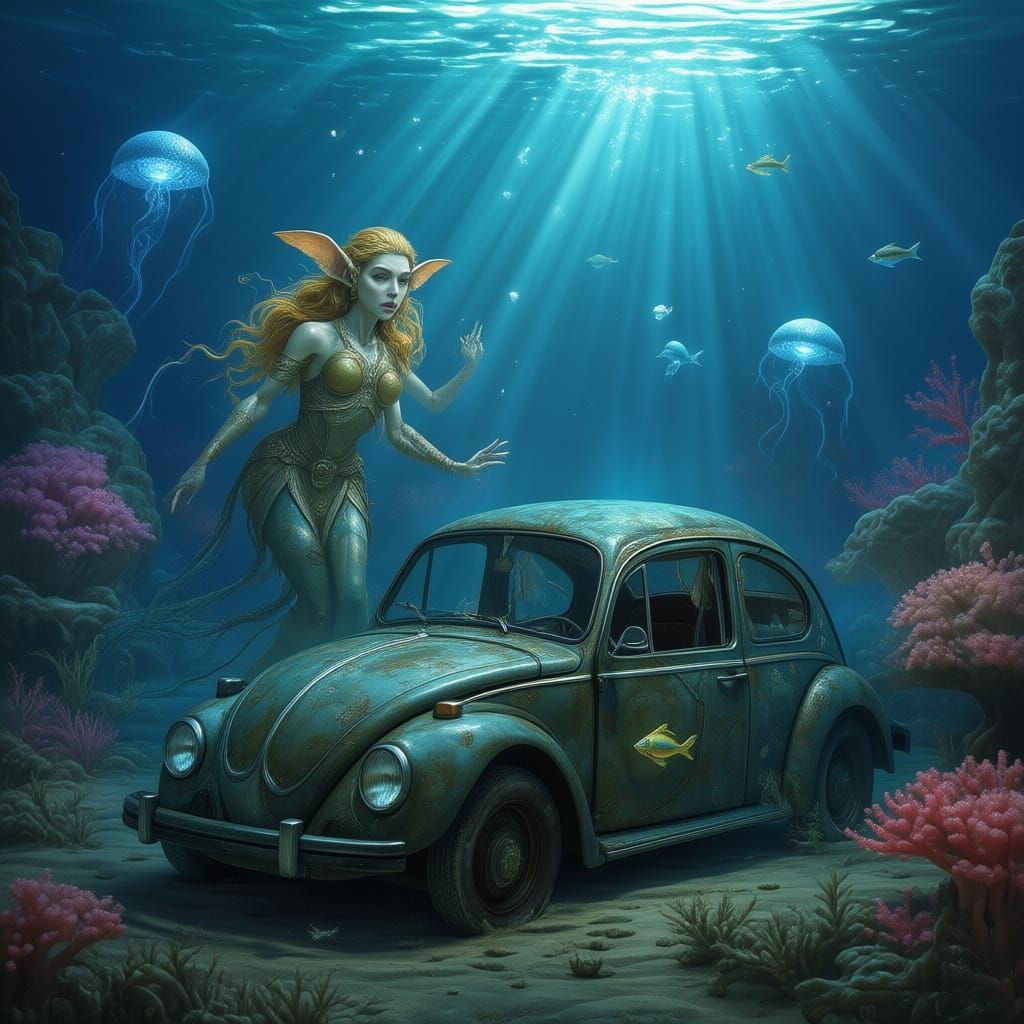 Sunken VW Beetle on Coral Reef with Mermaid