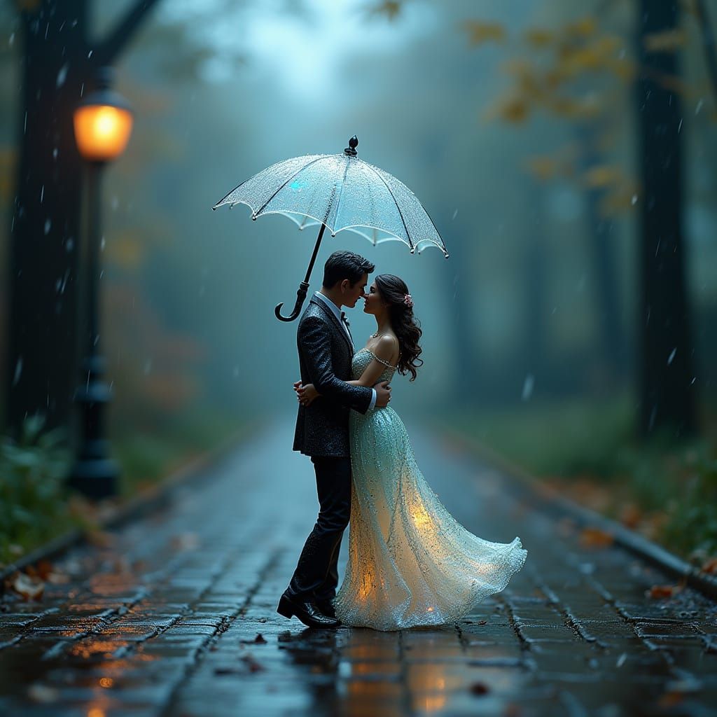 Glass Couple Dances in Drizzling Rain with Umbrella