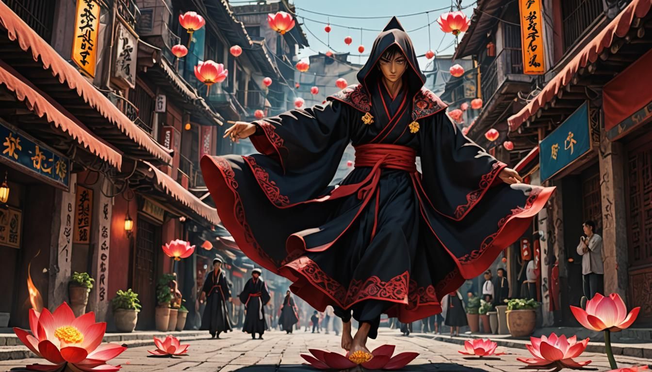 Anime Sorcerer Levitating in Mexico Street at Sunset