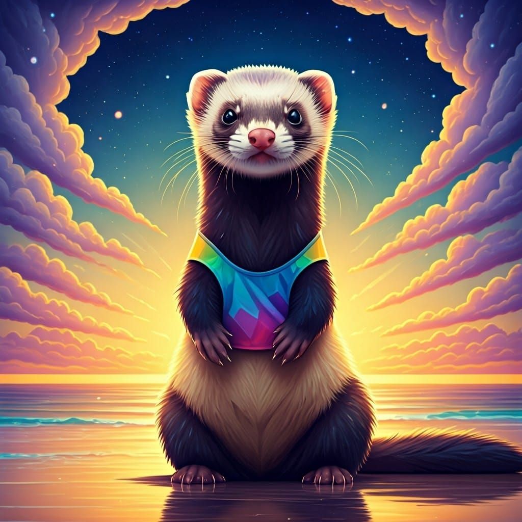 Ferret in Speedo on Cosmic Beach, Holographic Illustration