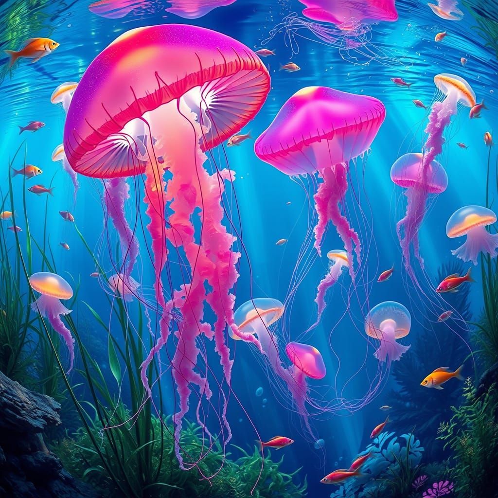 Beautiful, magical, Lots of  "luminescent and translucent Jellyfish with bright different colours" swimming underwater, ...