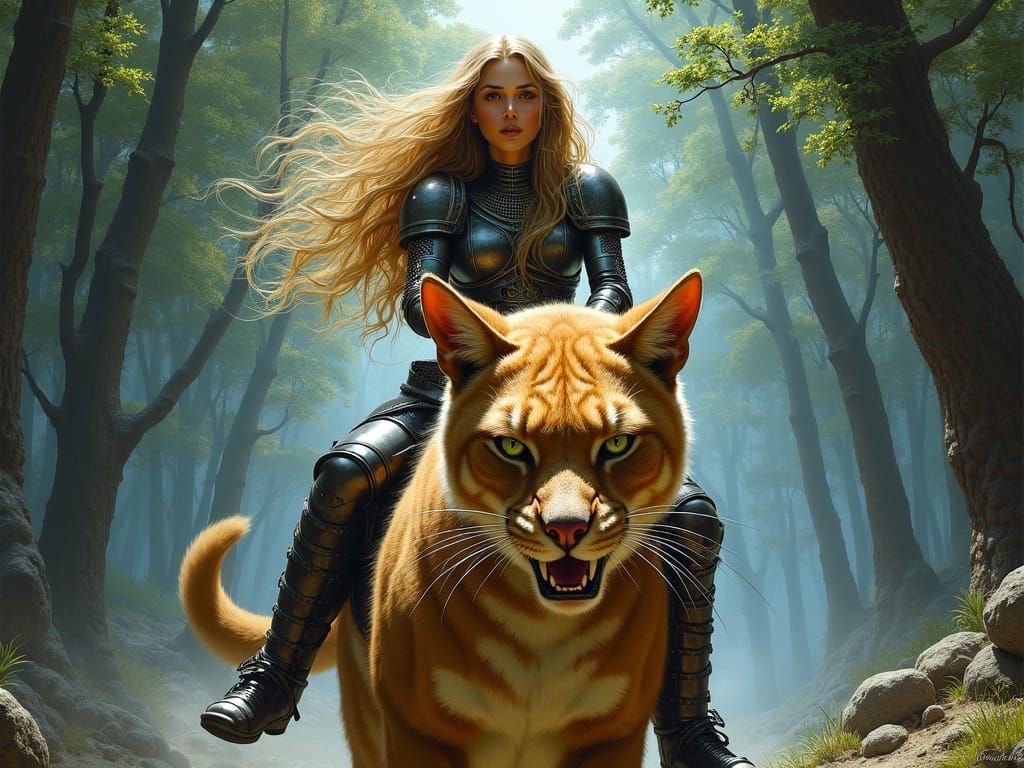 Rider on Giant Cat in High Fantasy Style