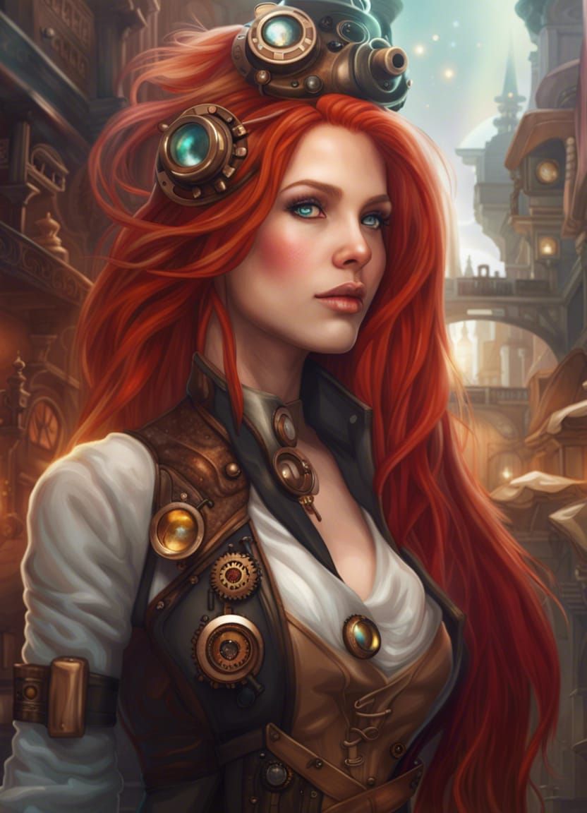 Steampunk Goddess with Red Hair in Cityscape
