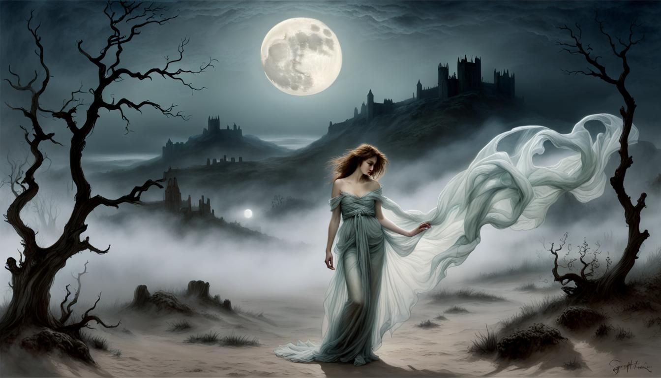 Ethereal Banshee in Foggy Moonlit Dreamscape