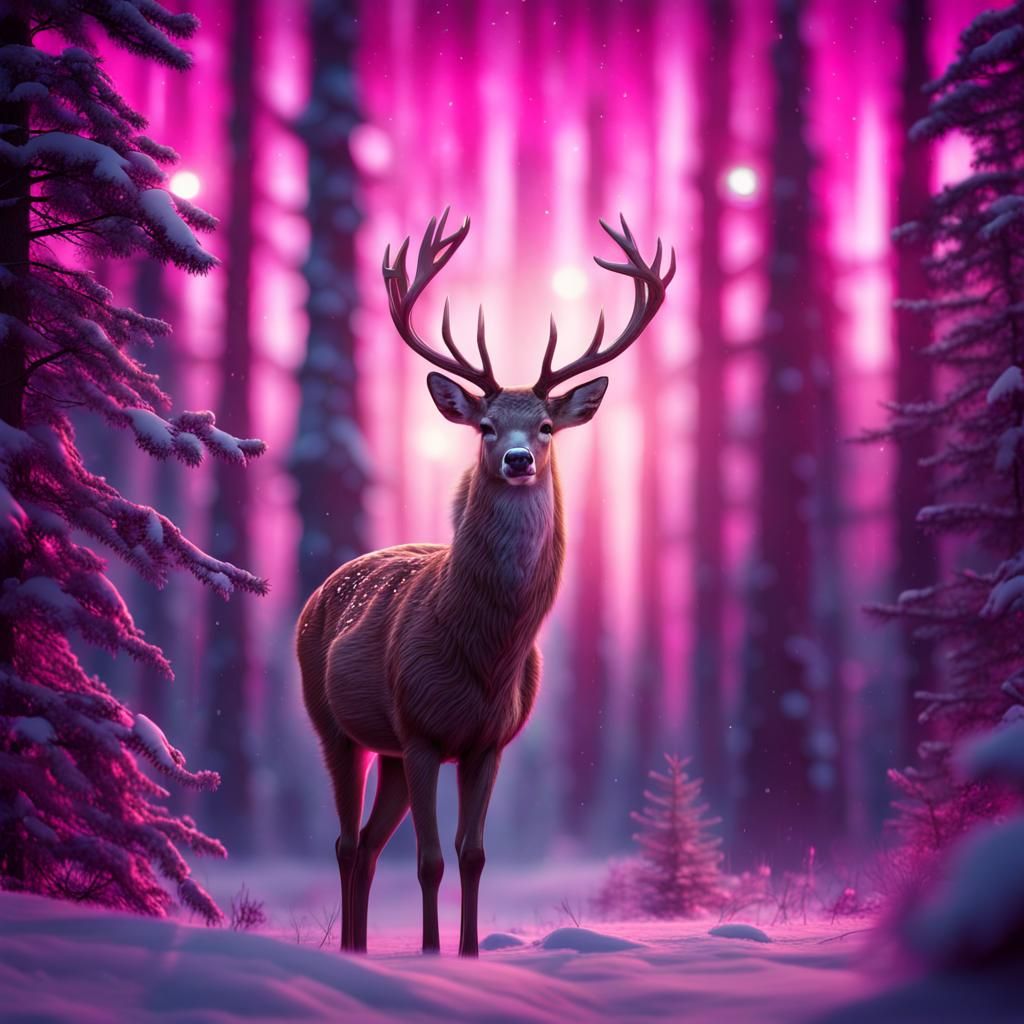 Deer in Winter Forest with Aurora Borealis