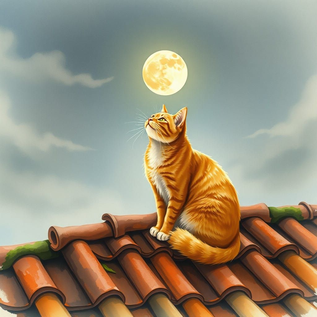 Whimsical Moonlit Ginger Cat in Dreamy Watercolor