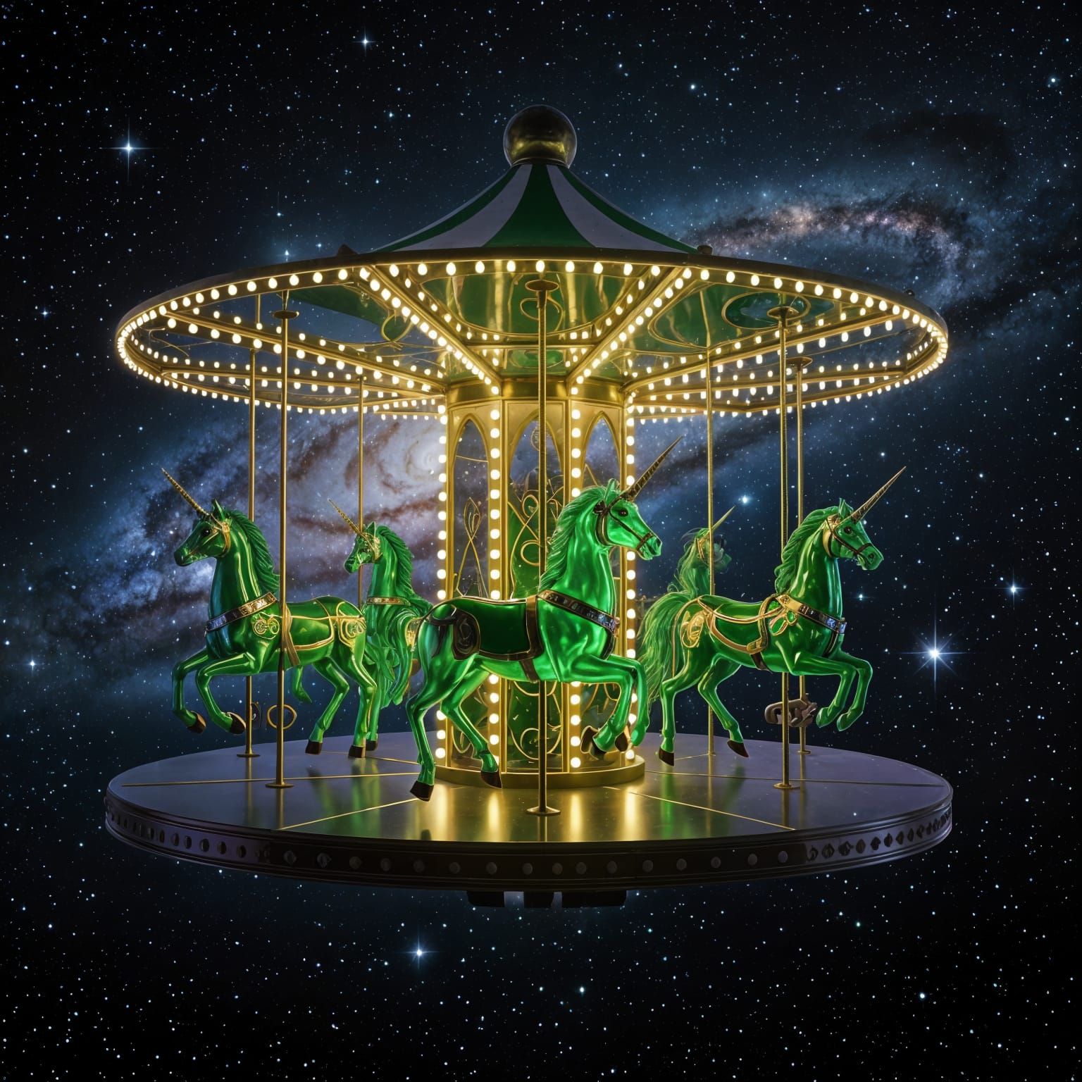 Glass Merry Go Round in Space with Green Unicorns