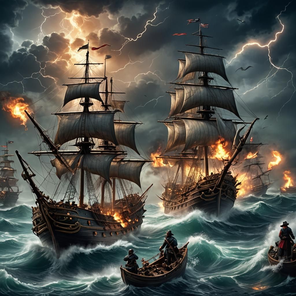 Pirate Ships Clash in Storm with Kraken