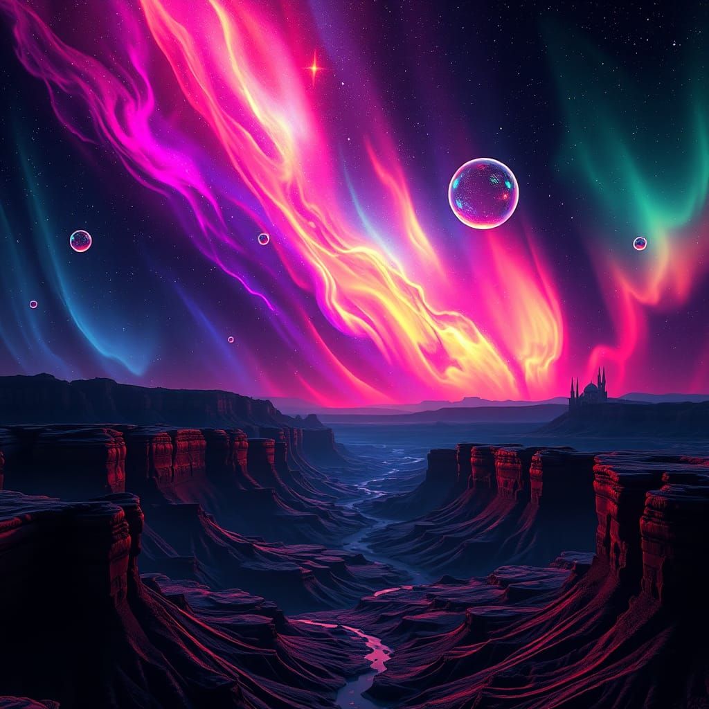 Neon Aurora Over Desert Landscape: Matte Painting