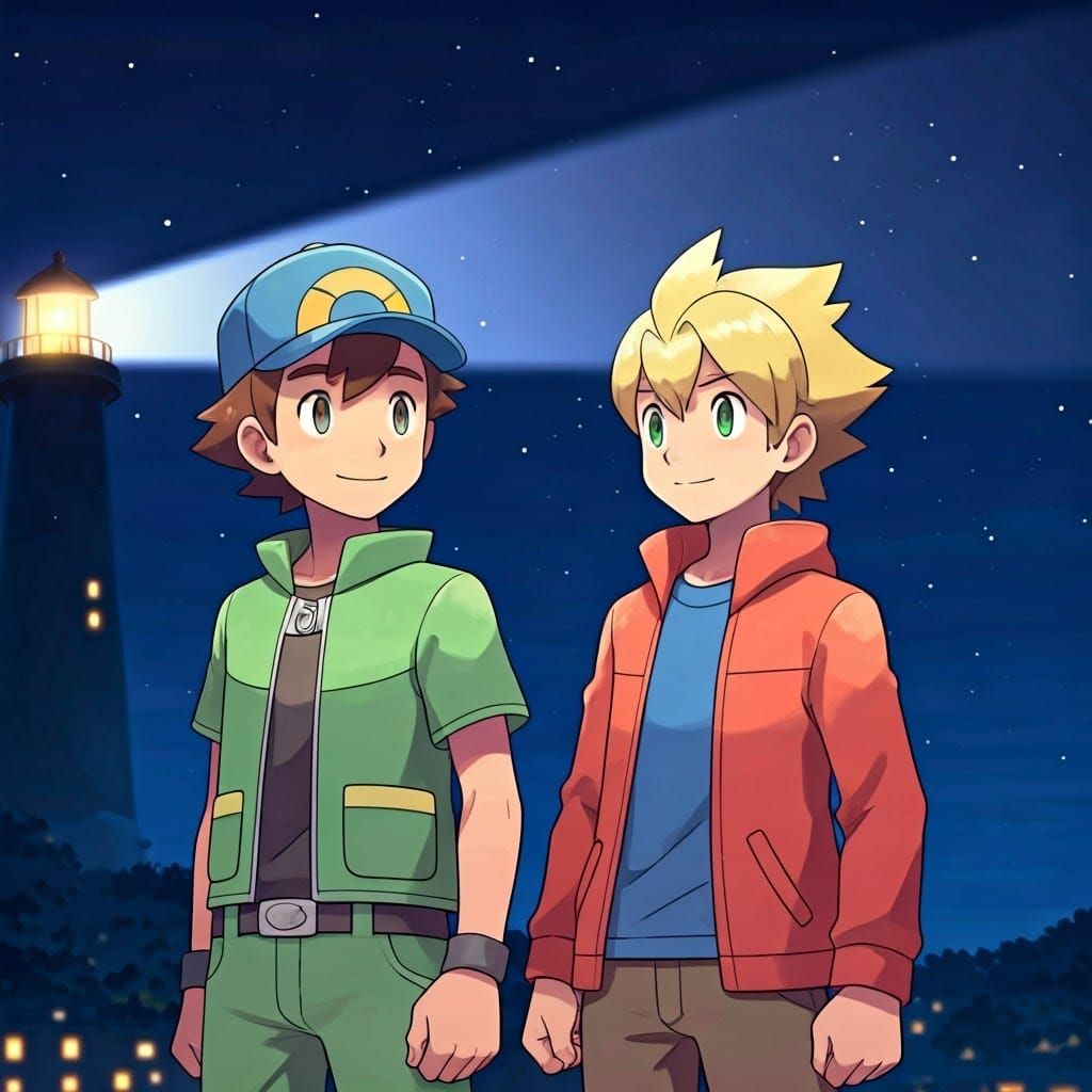 Pokémon Trainers Share a Moment at Nighttime Lighthouse