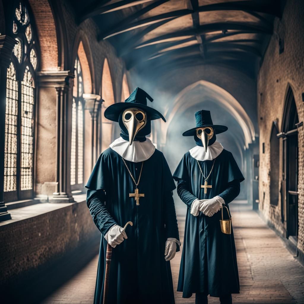 Medieval Plague Doctors in Hospital Portrait